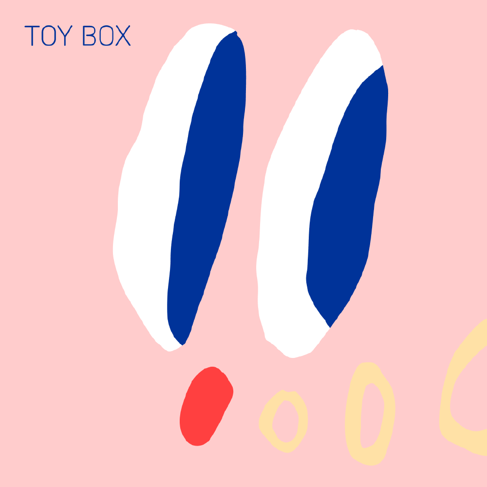 Poster image for Toy Box sample pack. A cartoony image of two big eyes and a red circle for a mouth, with O shaped wonky circles coming out of it as if the sound of singing