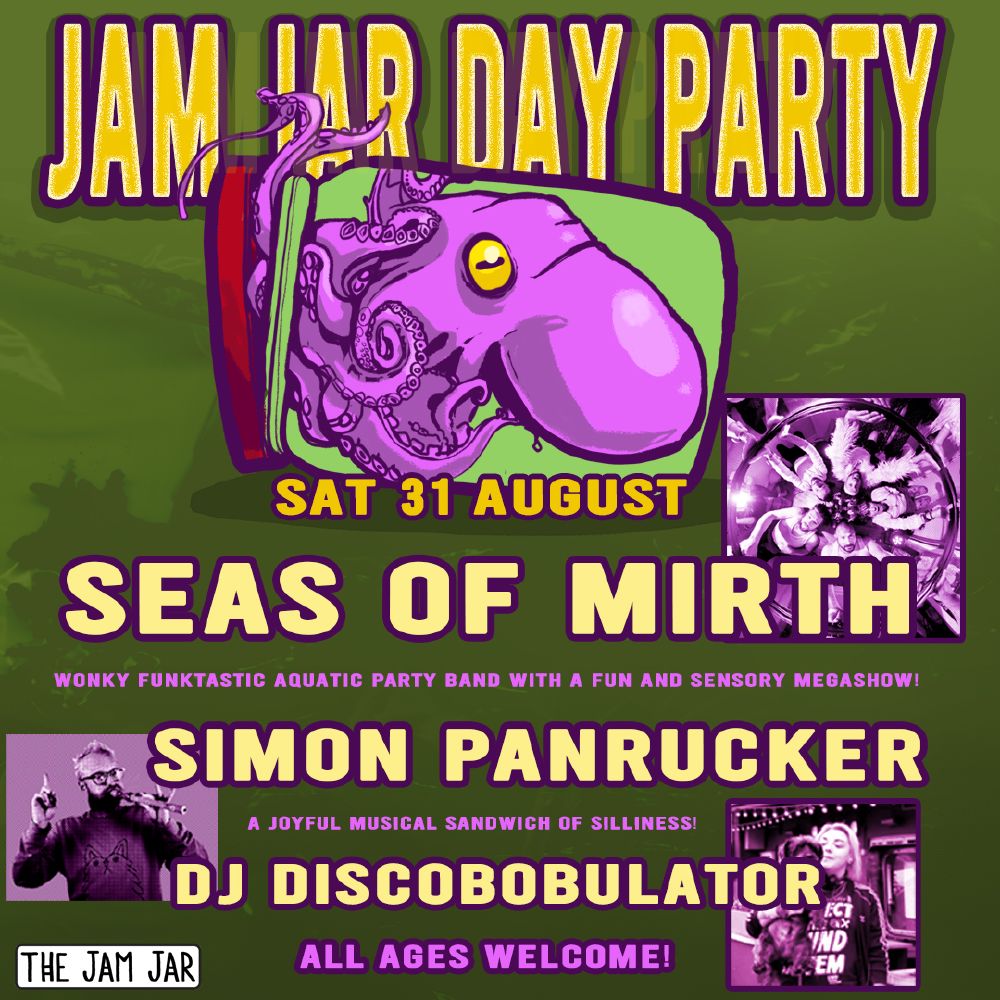 Poster for Jam Jar Day party, with a dark green backround and pink octopus